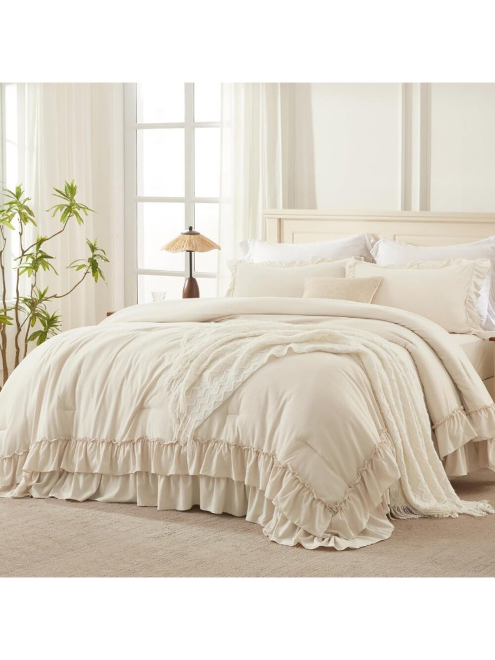 Beige Ruffle Full Size Comforter Set - 3 Piece Cozy Bedding Ensemble - Picture 1 of 6